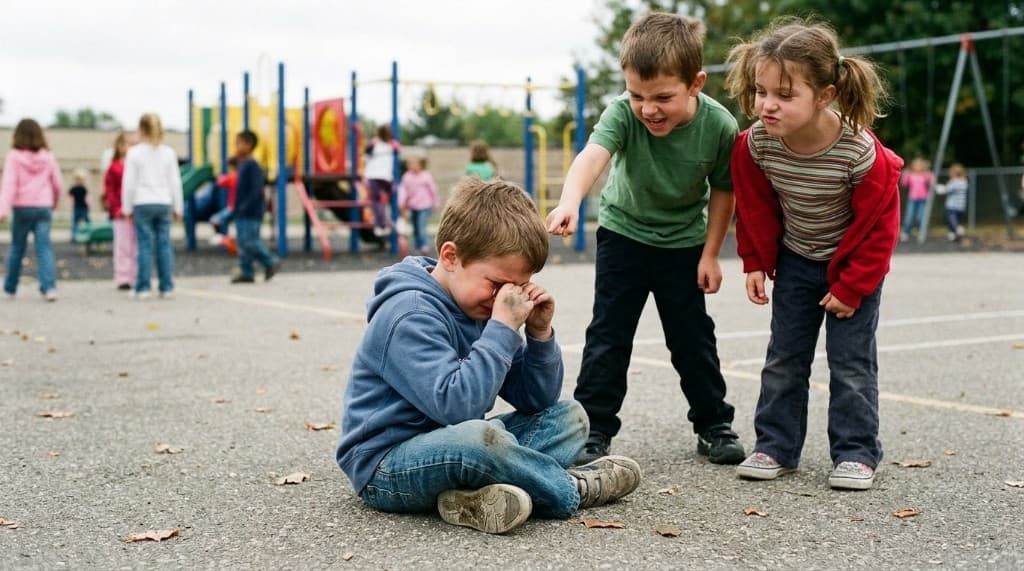 Niño en patio escolar en situación de acoso escolar; dos compañeros lo confrontan mientras él llora sentado en el suelo