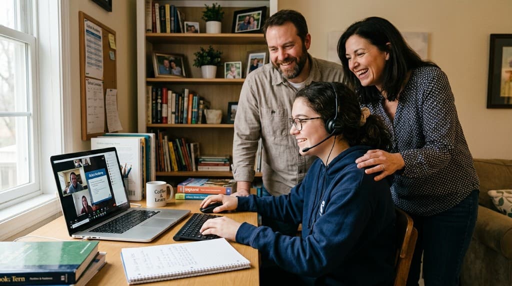 Adolescente estudiando online en casa con auriculares, acompañada por sus padres en un ambiente cálido y de apoyo