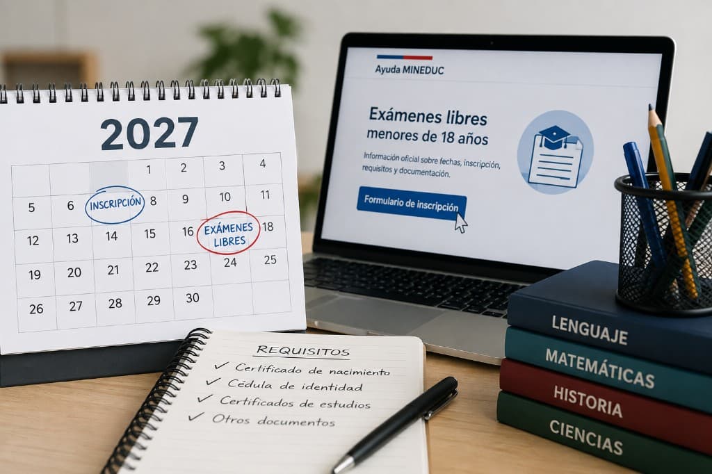 Escritorio de estudio con calendario 2027, lista de requisitos, libros escolares y el sitio de Ayuda MINEDUC abierto en la inscripción de exámenes libres para menores de 18 años