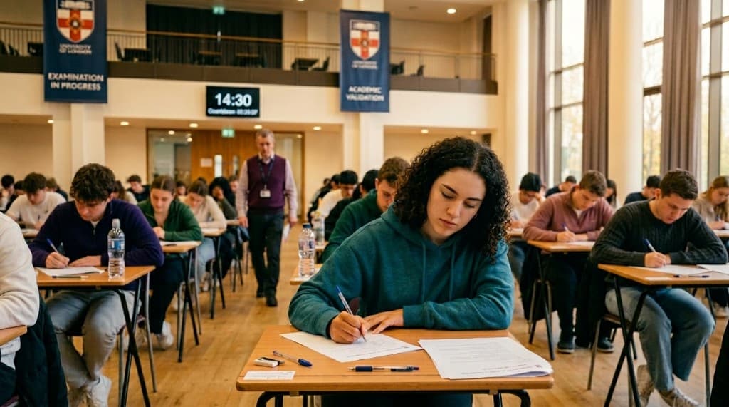 Estudiantes en una sala de exámenes universitarios, concentrados en sus pruebas escritas