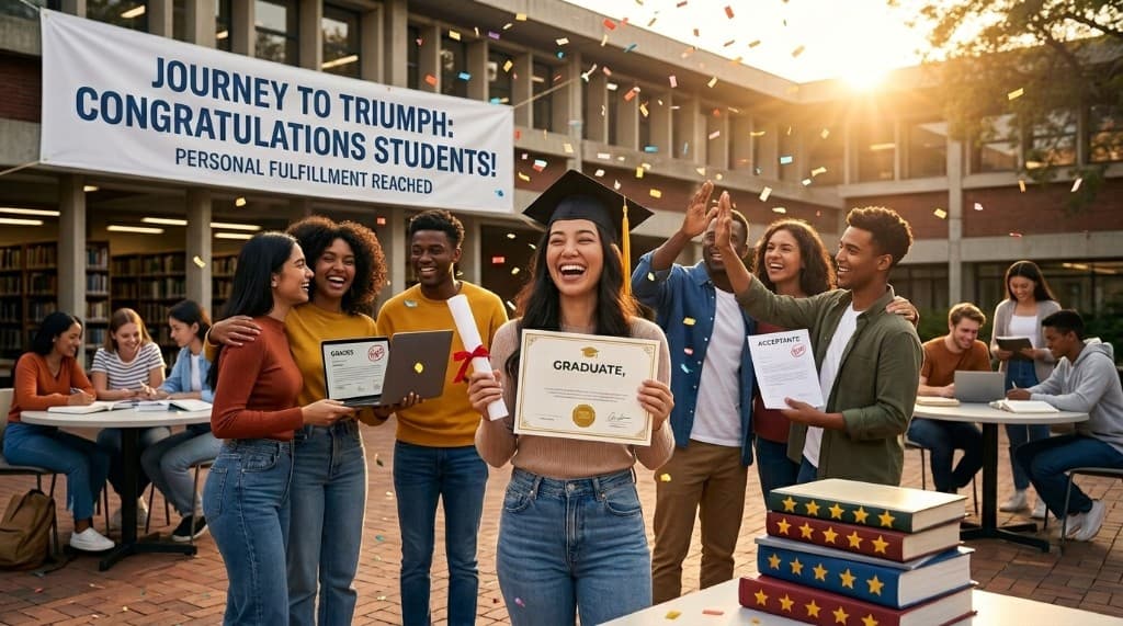 Estudiantes celebrando la graduación y el éxito académico al aire libre, con diplomas y confeti