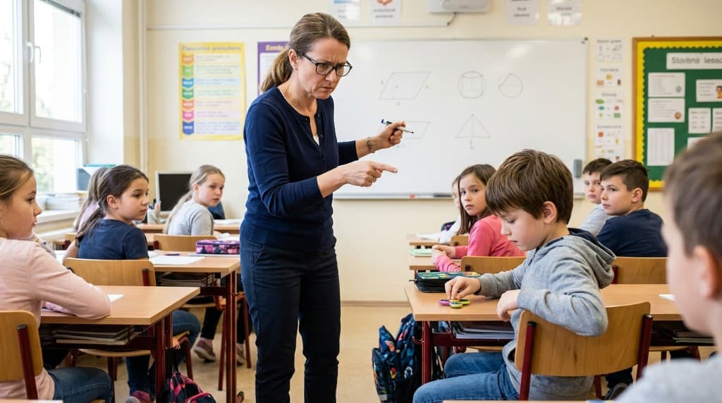 Profesora en aula tradicional señalando a un estudiante distraído con un spinner en su pupitre; otros niños observan