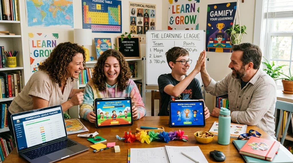 Aula con tecnología educativa y gamificación: estudiantes usan software con niveles, puntos de experiencia y retos para aprender matemáticas y otras asignaturas