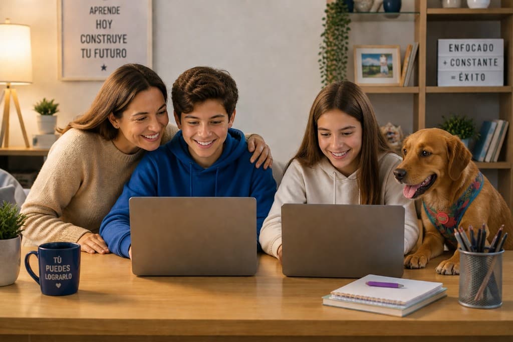 Estudiante y apoderada estudiando con laptop en casa, acompañados de un perro; ambiente de apoyo y aprendizaje en Delphos College