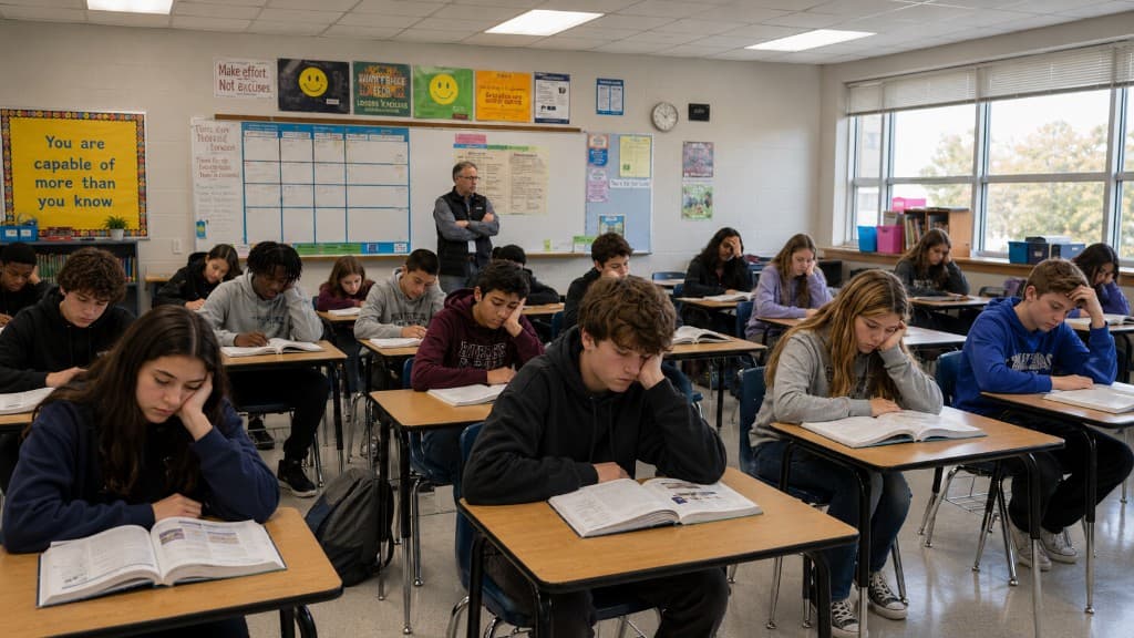 Aula escolar con estudiantes concentrados leyendo en sus pupitres mientras un docente supervisa la clase, Delphos College