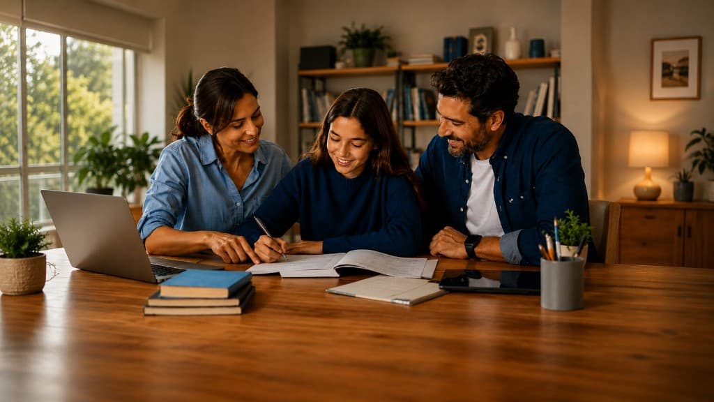 Familia estudiando en casa: apoderados acompañando a su hija adolescente con cuaderno, laptop y libros en un espacio luminoso, Delphos College