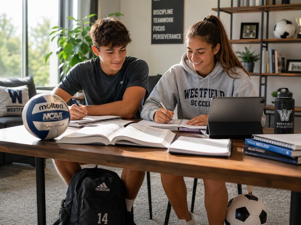 Estudiantes de Delphos College estudian en casa junto a un balón, compatibilizando deporte y estudios