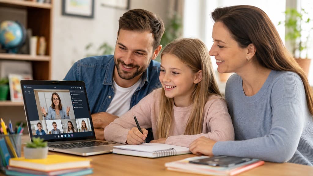 Familia acompañando a su hija durante una clase en vivo de Delphos College