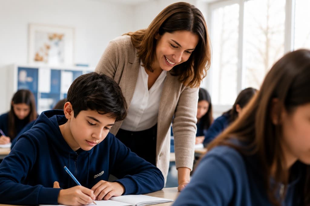 Docente acompañando a un estudiante en el aula, Delphos College