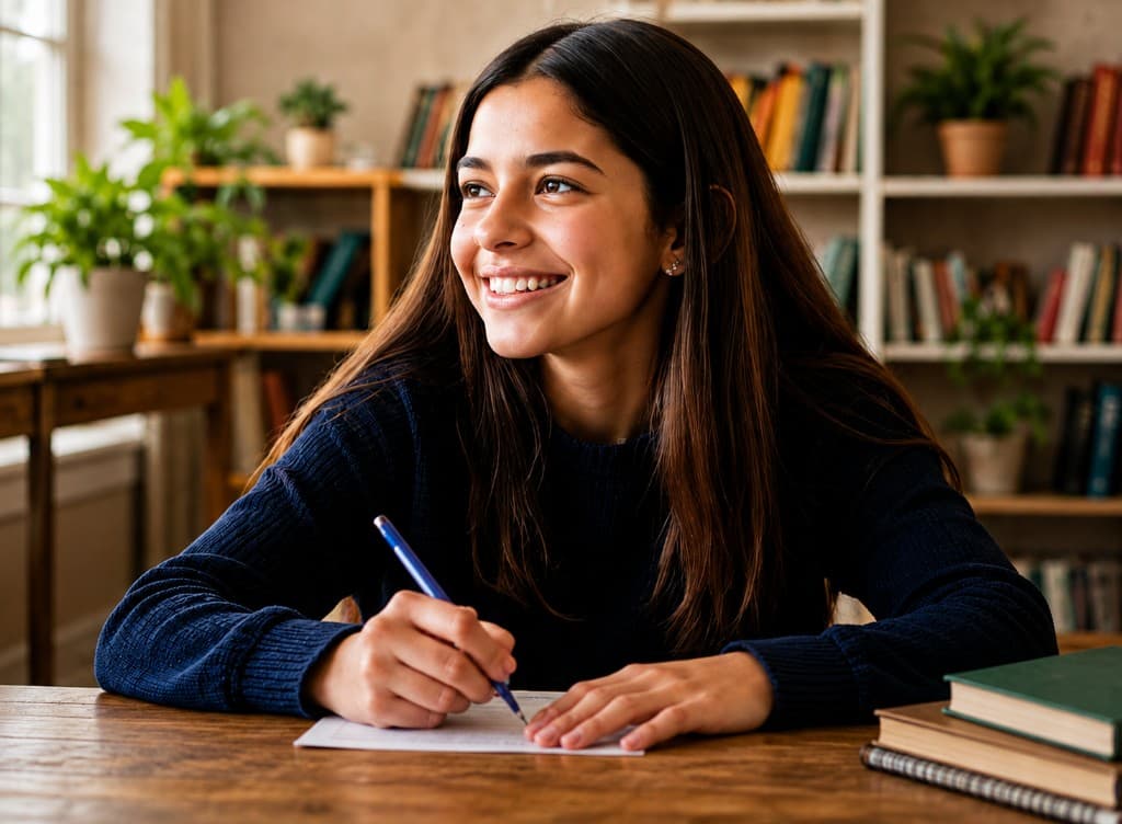 Estudiante de Delphos College sonriendo mientras estudia