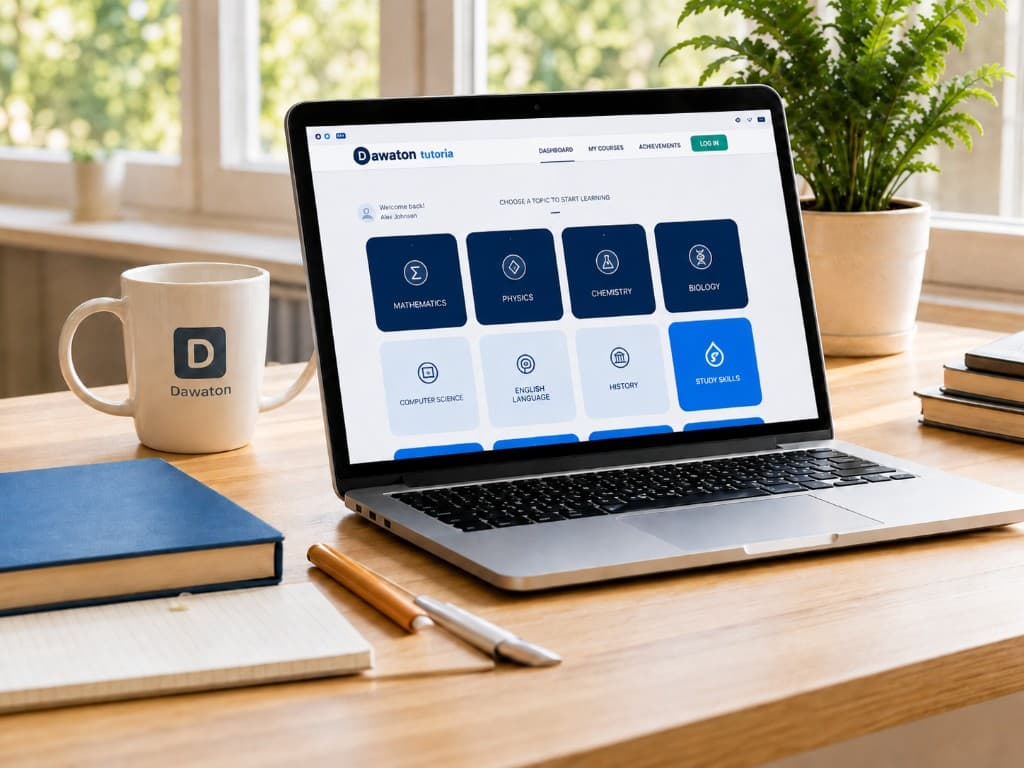 Espacio de trabajo con laptop y plataforma educativa, origen de Delphos College