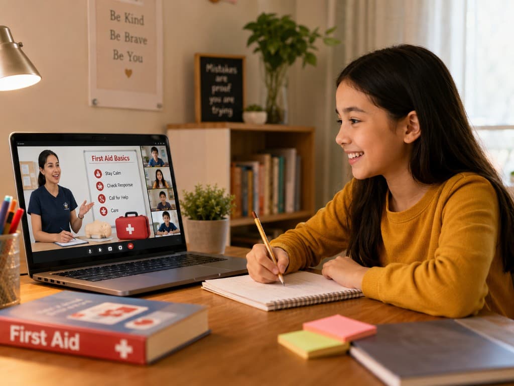 Estudiante de Delphos College toma apuntes durante un taller de primeros auxilios en clase online