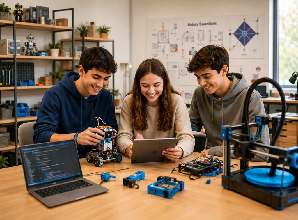 Tres estudiantes de Delphos College trabajan con un robot, una tablet y una impresora 3D en un taller de tecnología